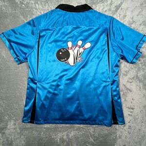 Cruisin USA Bowling Shirt Men Blue Retro Football Patches Short Sleeve Button XL